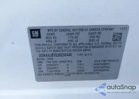 2018 Chevrolet Equinox Lt из США, поврежденный, VIN 2GNAXJEV2J6236448